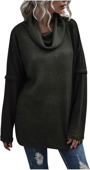 Women's Cowl Neck Casual Oversized Sweater Turtleneck Long Sleeve Tunic Ribbed Knit Pullover Tops Loose Soft Jumper