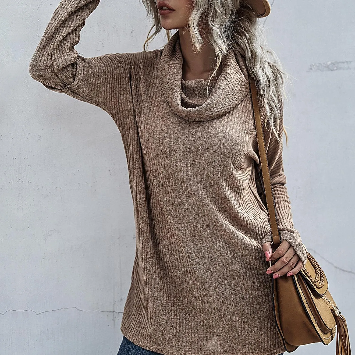 Women's Cowl Neck Casual Oversized Sweater Turtleneck Long Sleeve Tunic Ribbed Knit Pullover Tops Loose Soft Jumper
