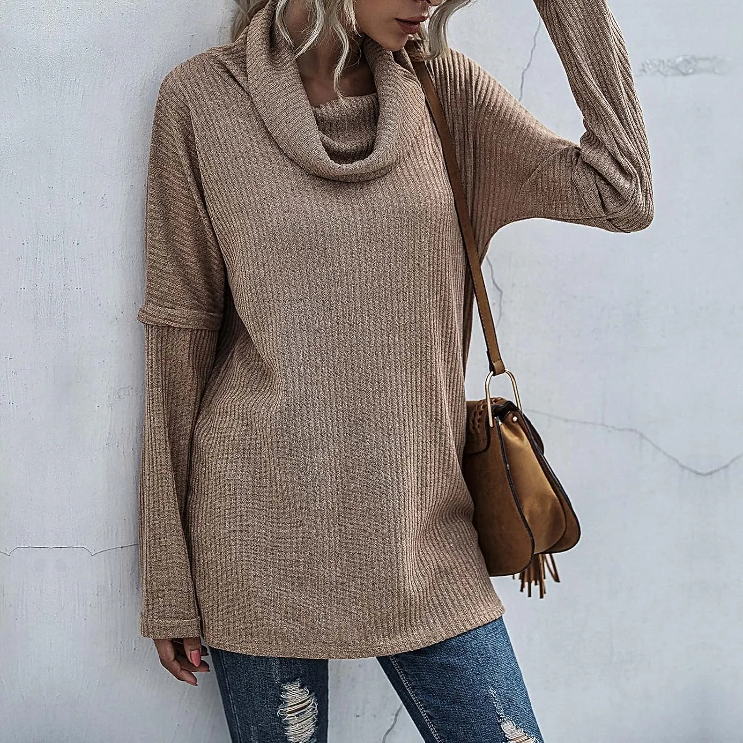 Women's Cowl Neck Casual Oversized Sweater Turtleneck Long Sleeve Tunic Ribbed Knit Pullover Tops Loose Soft Jumper