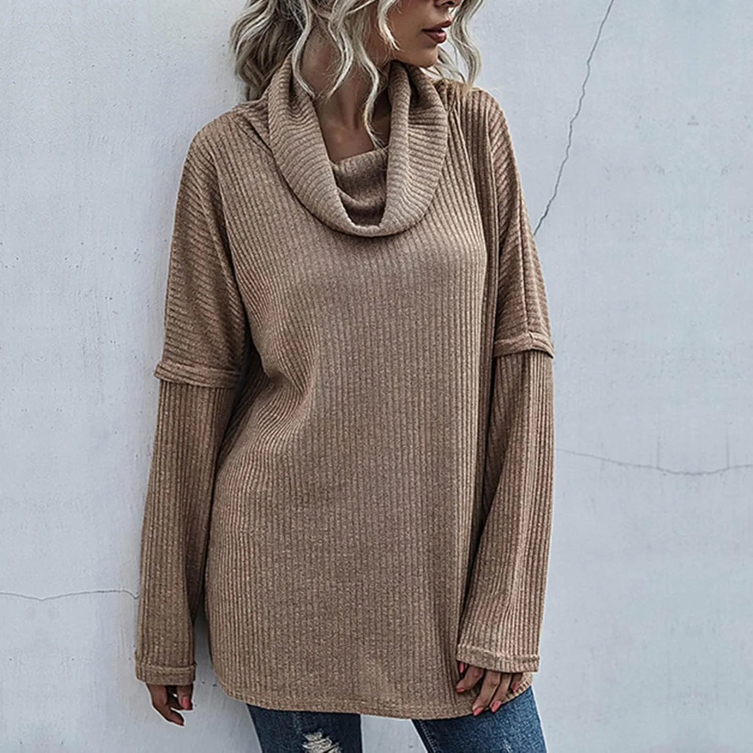 Women's Cowl Neck Casual Oversized Sweater Turtleneck Long Sleeve Tunic Ribbed Knit Pullover Tops Loose Soft Jumper