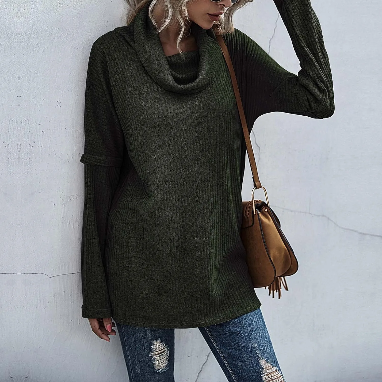 Women's Cowl Neck Casual Oversized Sweater Turtleneck Long Sleeve Tunic Ribbed Knit Pullover Tops Loose Soft Jumper