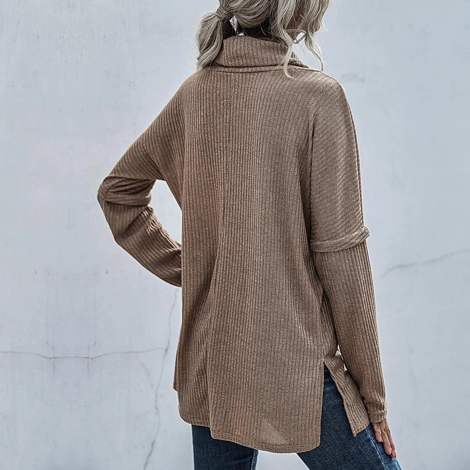 Women's Cowl Neck Casual Oversized Sweater Turtleneck Long Sleeve Tunic Ribbed Knit Pullover Tops Loose Soft Jumper