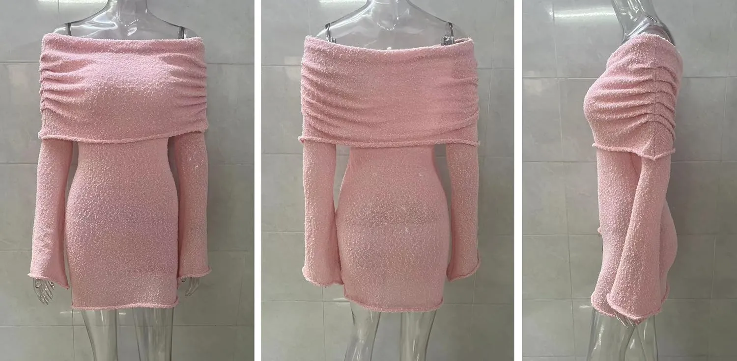 Womens Elegant Off The Shoulder Knit Sweater Dress Sheer Flare Long Sleeve Cute Mini Dress