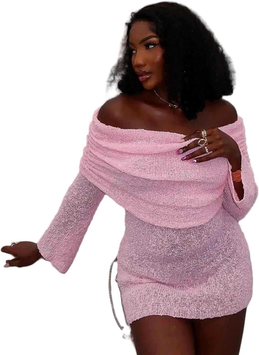 Womens Elegant Off The Shoulder Knit Sweater Dress Sheer Flare Long Sleeve Cute Mini Dress
