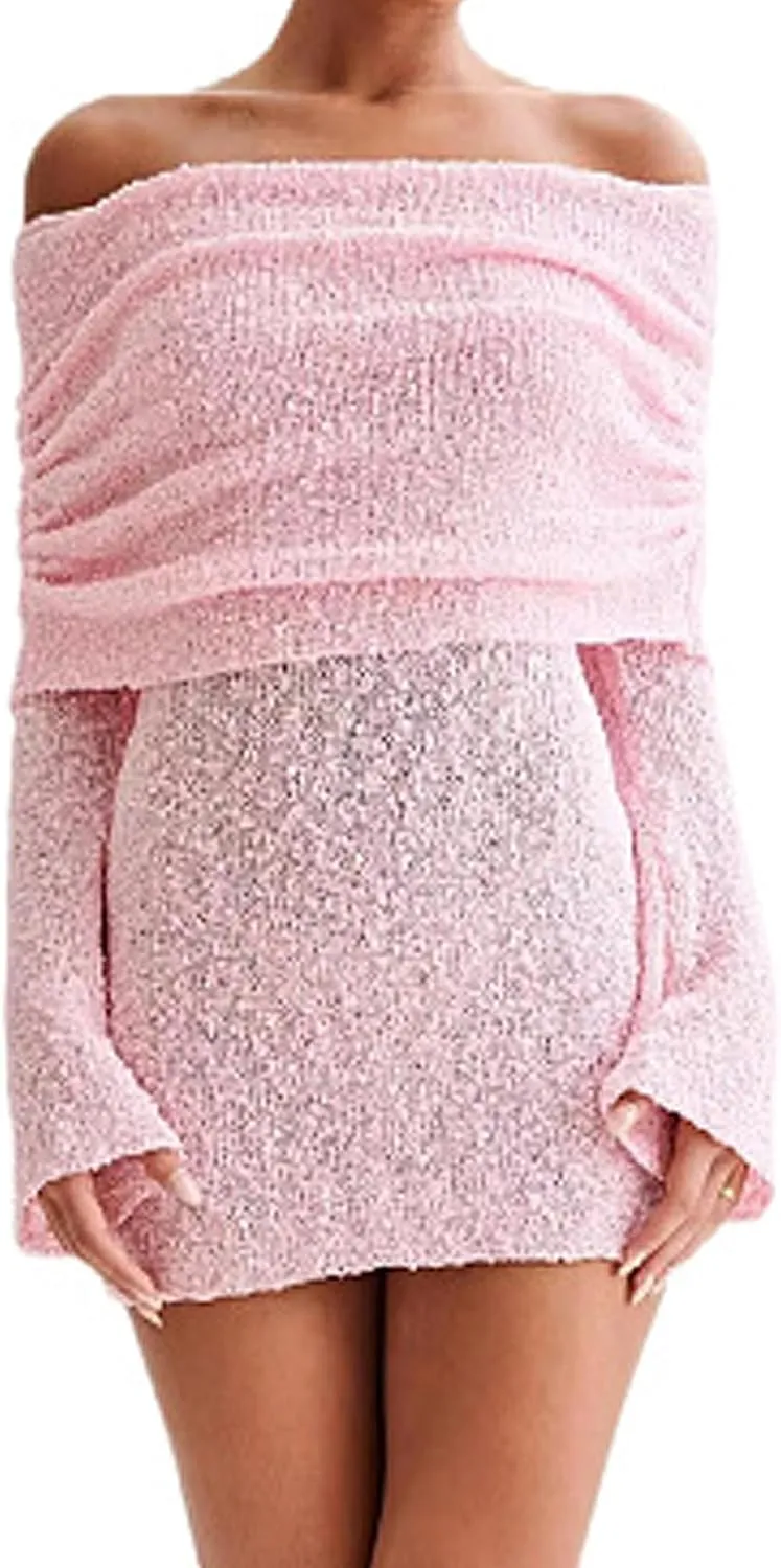 Womens Elegant Off The Shoulder Knit Sweater Dress Sheer Flare Long Sleeve Cute Mini Dress