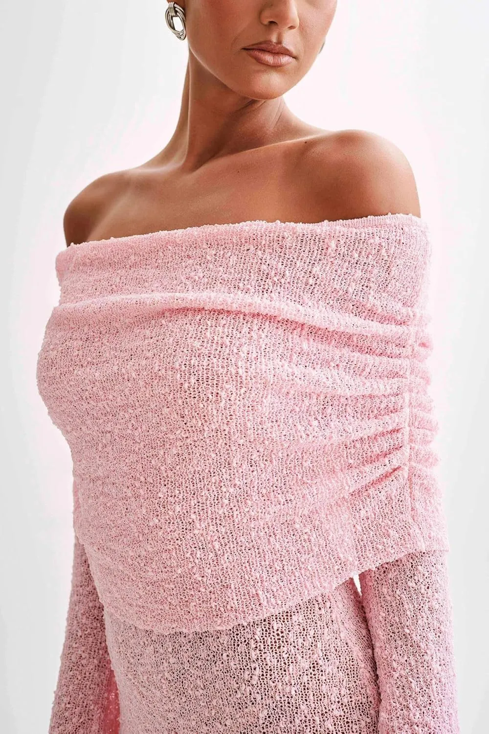 Womens Elegant Off The Shoulder Knit Sweater Dress Sheer Flare Long Sleeve Cute Mini Dress