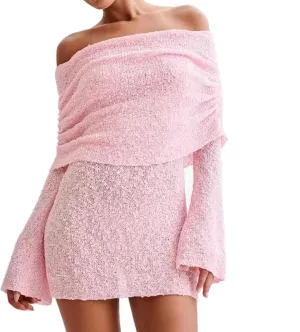 Womens Elegant Off The Shoulder Knit Sweater Dress Sheer Flare Long Sleeve Cute Mini Dress