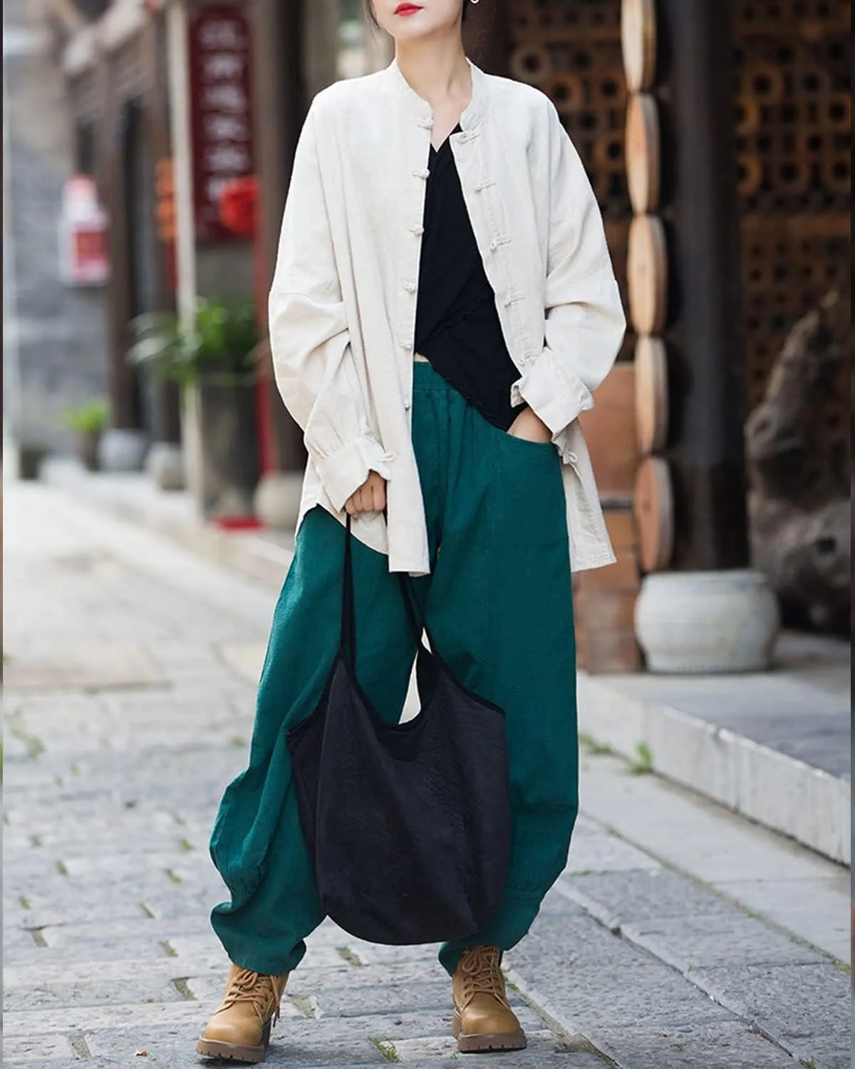 Women's Linen Oversized Blouses Vintage Long Sleeve Jackets Loose fit Chinese Frog Shirts
