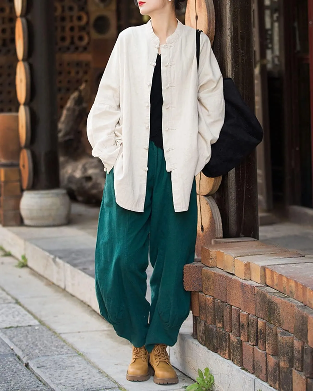 Women's Linen Oversized Blouses Vintage Long Sleeve Jackets Loose fit Chinese Frog Shirts