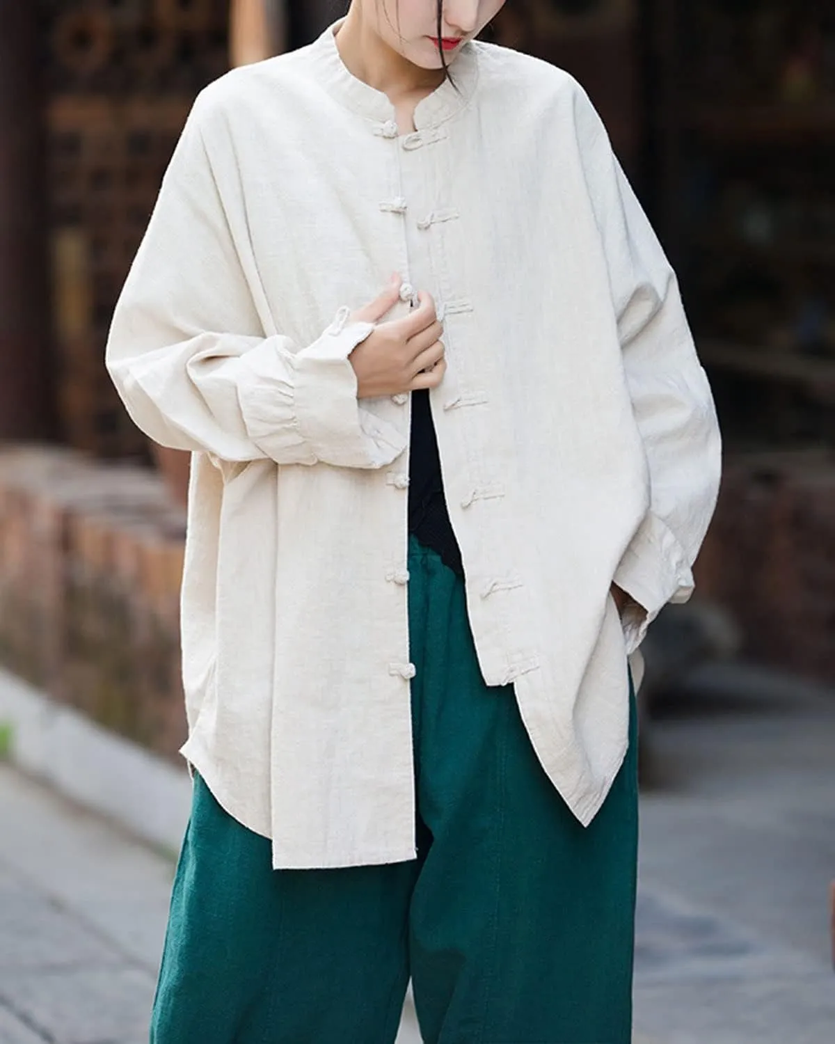 Women's Linen Oversized Blouses Vintage Long Sleeve Jackets Loose fit Chinese Frog Shirts