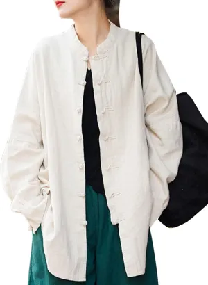 Women's Linen Oversized Blouses Vintage Long Sleeve Jackets Loose fit Chinese Frog Shirts