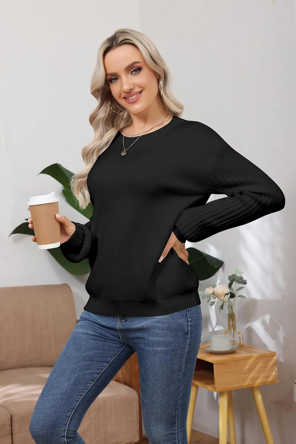 Women's Ribbed Knit Sweater Fall Long Sleeve Sweater Crewneck Loose Soft Casual Oversized Chunky Pullover Tops