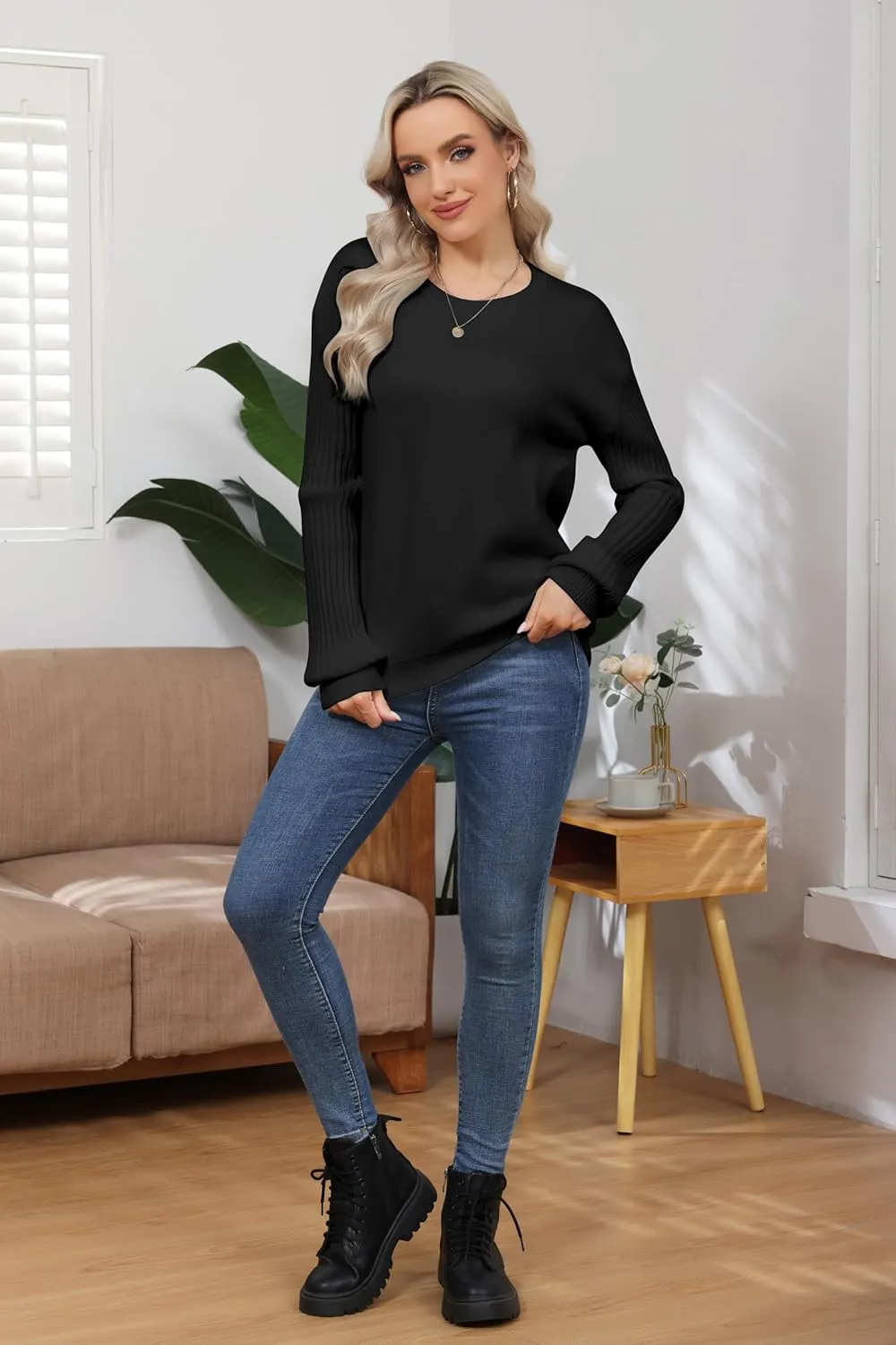 Women's Ribbed Knit Sweater Fall Long Sleeve Sweater Crewneck Loose Soft Casual Oversized Chunky Pullover Tops