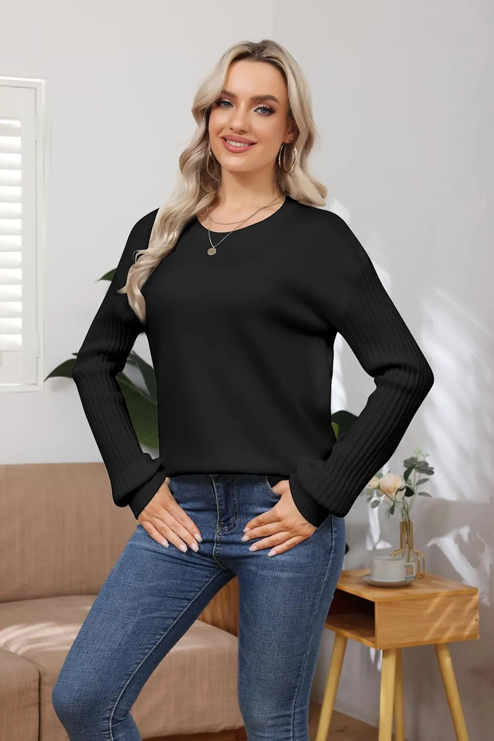 Women's Ribbed Knit Sweater Fall Long Sleeve Sweater Crewneck Loose Soft Casual Oversized Chunky Pullover Tops