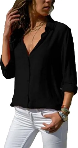Womens Solid Color Stylish Chiffon Shirts Long Sleeve Button Down Blouse Tops Elegant Casual Comfy Shirt Workwear